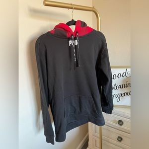 Pink black sweatshirt with red plaid hood